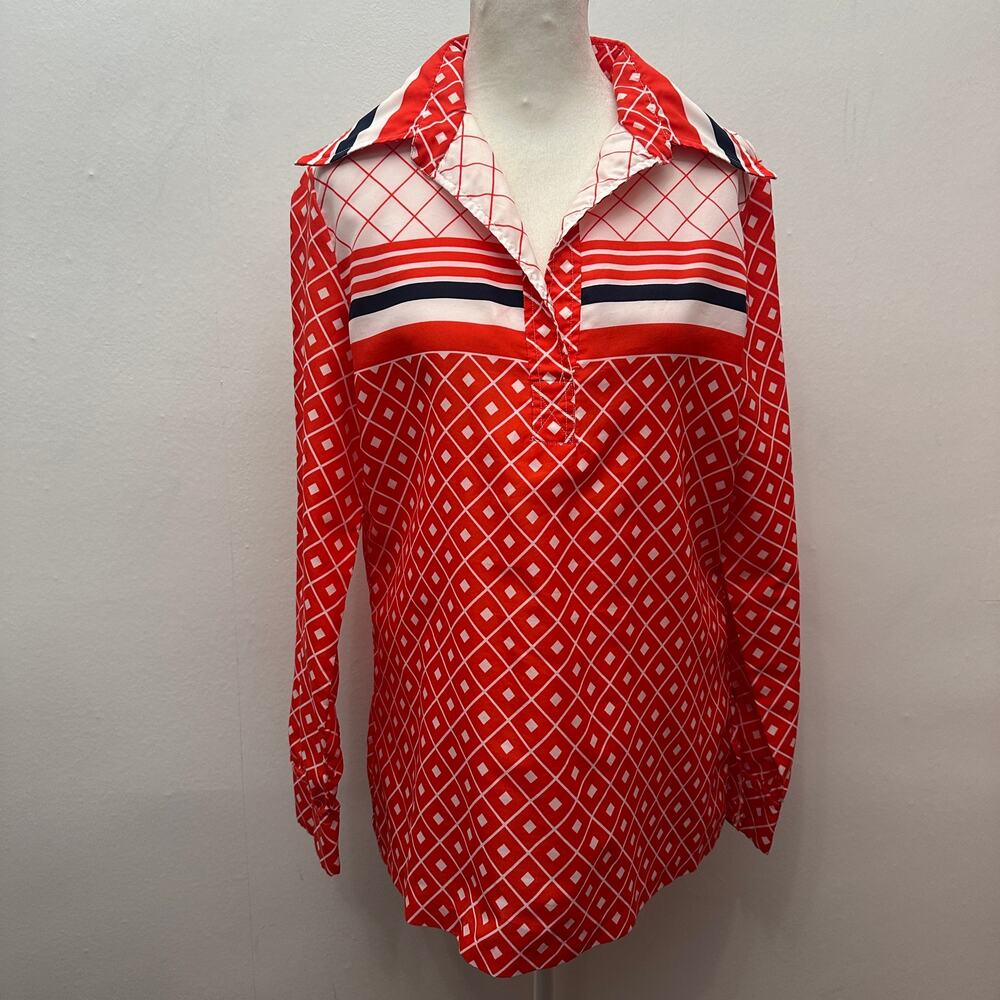 Vintage Aladdin Red Geometric Mod Disco Blouse Button Front Retro Top